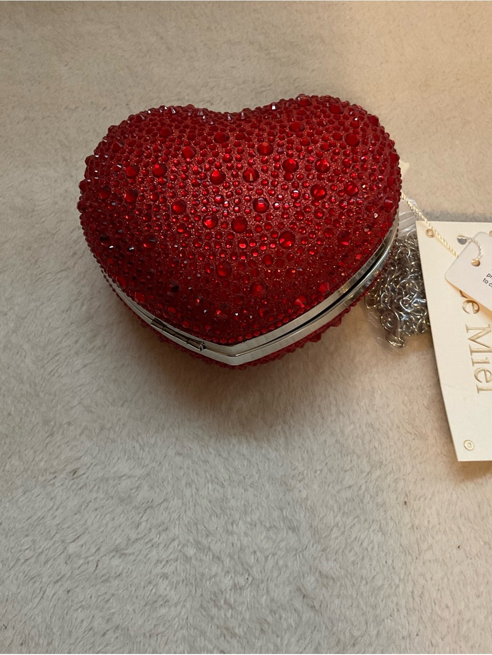 Red Crystal Heart Evening Clutch by Melie Bianco